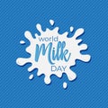 World Milk Day lettering concept. Greeting card calligraphy illustration. Vector isolated illustration   on blue background. Royalty Free Stock Photo